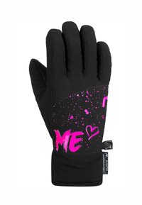 Schwarze Skihandschuhe mit einer taillierten Passform, rosafarbenen Farbspritzern und dem Schriftzug "ME." Verstellbarer Riemen am Handgelenk für eine individuelle Anpassung.