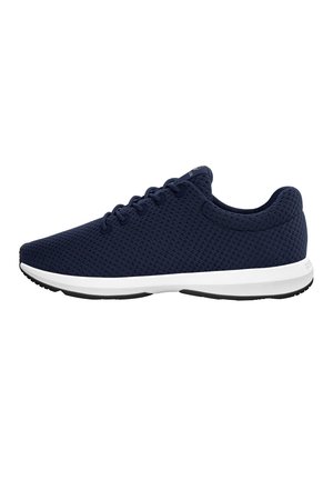 Marineblaue Mesh-Sneaker mit runder Zehenform, Schnürdesign, weißer Zwischensohle und strukturiertem schwarzen Gummiaußensohle. Mit gepolstertem Schaft.