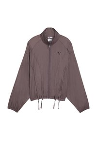 Lichtpaarse zip-up jas met lange mouwen, hoge kraag, trekkoorden aan de zoom en een klein zwart Puma-logo op de borst.