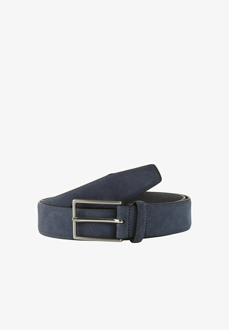 Navy blue suede belt with a flat design, featuring a silver metal buckle and double strap loop for secure fastening.