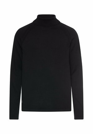 Zwarte lange mouwen turtleneck trui met een geribde hoge hals en een eenvoudig ontwerp, weergegeven op een witte achtergrond.
