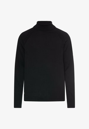 Zwarte lange mouwen turtleneck trui met een geribde hoge hals en een eenvoudig ontwerp, weergegeven op een witte achtergrond.
