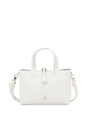 Borsa a mano in pelle bianca con motivo in rilievo, doppi manici superiori, tracolla staccabile e piccola fibbia decorativa sul davanti.