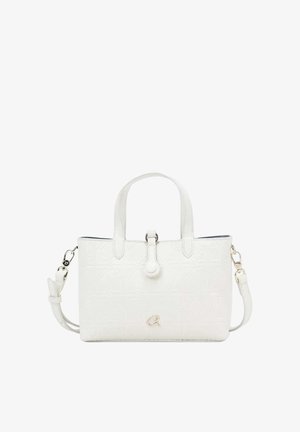 Borsa a mano in pelle bianca con motivo in rilievo, doppi manici superiori, tracolla staccabile e piccola fibbia decorativa sul davanti.