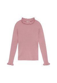 Långärmad topp i ljusrosa ribbat tyg, med en volangkrage och utsvängda ärmslut. Strukturerat mönster genom hela tyget.