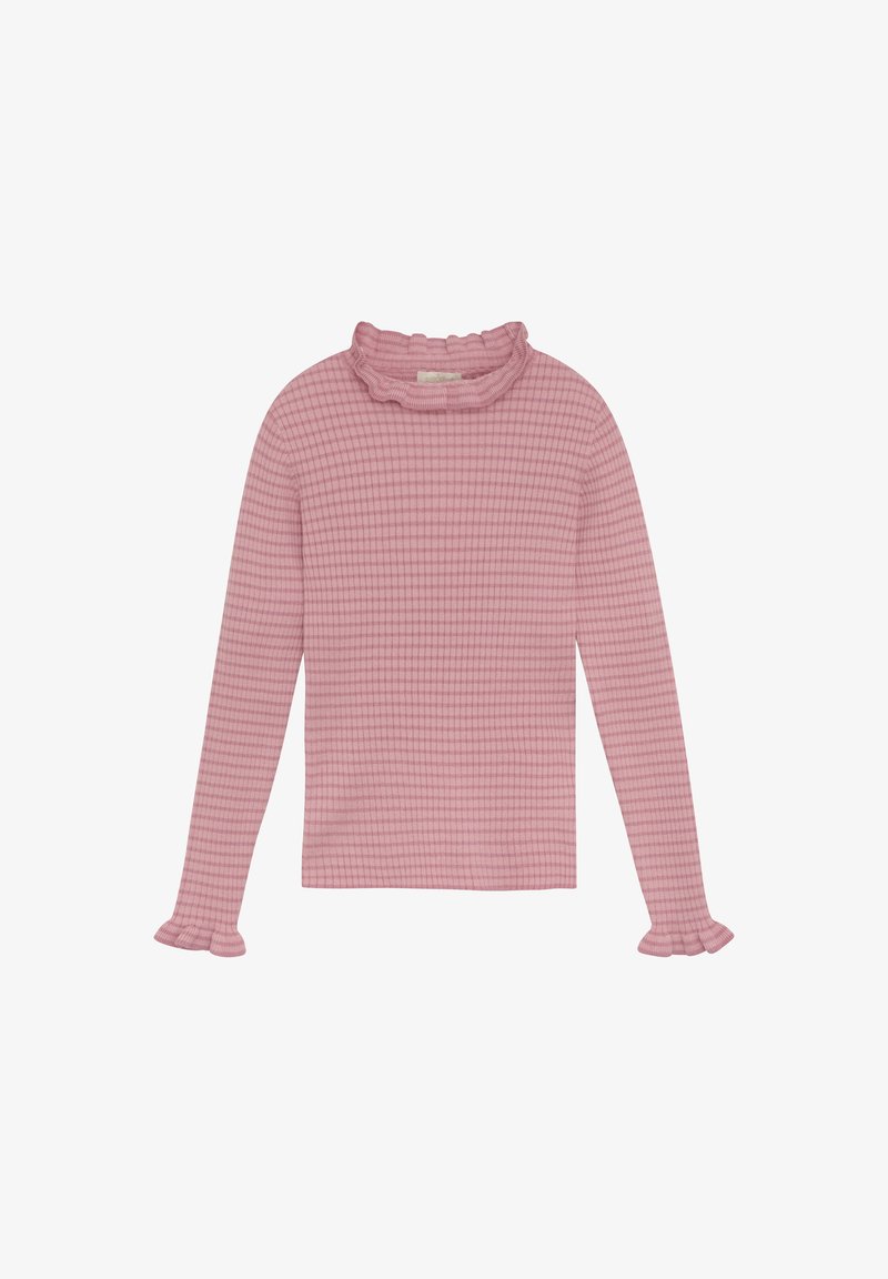 Long-sleeve top in light pink ribbed fabric, featuring a ruffled mock neck and flared cuffs. Textured pattern throughout the fabric.