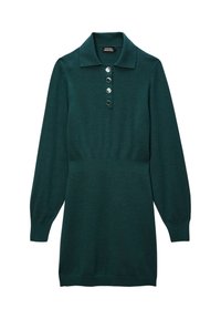 Robe tricotée verte avec un col, des manches longues et une taille ajustée. Présente des boutons argentés sur le devant et une texture lisse.