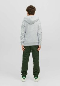 Felpa grigia con cappuccio e polsini a coste, abbinata a pantaloni della tuta verde scuro. Sneakers bianche con dettagli verdi visibili.