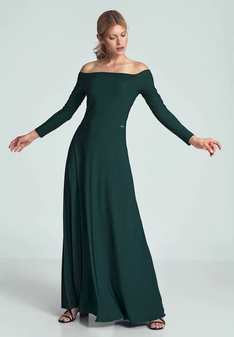 Off-shoulder maxi-jurk in donkergroen met lange mouwen, gemaakt van soepele, rekbare stof, met een getailleerde bodice en een vloeiende rok.