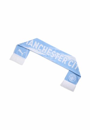 Écharpe bleu clair de Manchester City avec franges blanches, logo Puma à une extrémité et blason de l'équipe à l'autre extrémité.