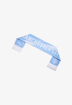 Hellblauer Manchester City Schal mit weißen Fransen, Puma-Logo an einem Ende und dem Vereinswappen am anderen Ende.