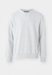 Light grey sweatshirt made from soft fabric, featuring a round neck, long sleeves, and ribbed cuffs and hem. Smooth texture with minimal design.