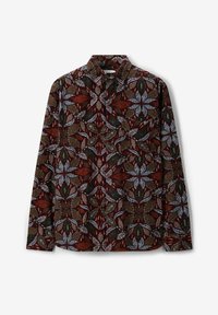 Long-sleeve shirt with a rich maroon base and a floral pattern featuring blue and green leaves, detailed accents, and a classic collar.