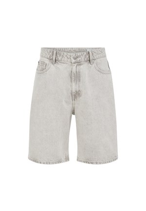 Világosszürke farmer rövidnadrág elöl gombbal és cipzárral, övhurkokkal és öt zsebes kialakítással.