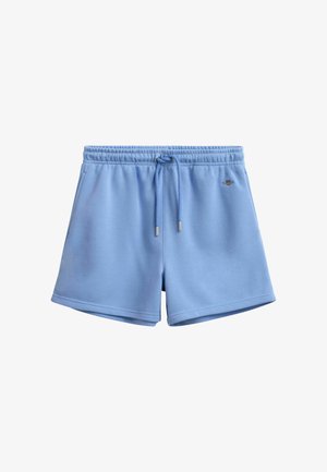 Lichtblauwe casual shorts met elastische tailleband, trekkoord, zijzakken en een klein geborduurd logo aan de voorkant rechts.
