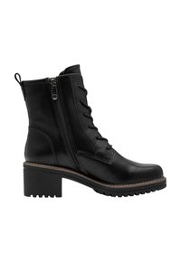 Bottine en cuir noir avec un talon épais, conception à lacets sur le devant, fermeture éclair sur le côté, semelle texturée et détail de couture contrastant en marron.