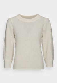 Dzianinowy sweter w jasnym beżu, z teksturowanym wzorem, okrągłym dekoltem i rękawami 3/4 z bufkami. Miękki materiał z prążkowanym dołem.