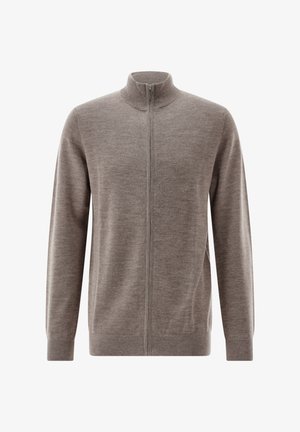 Hellbrauner Strick-Cardigan mit durchgehendem Reißverschluss, langen Ärmeln, gerippten Bündchen und Saum sowie Stehkragen.