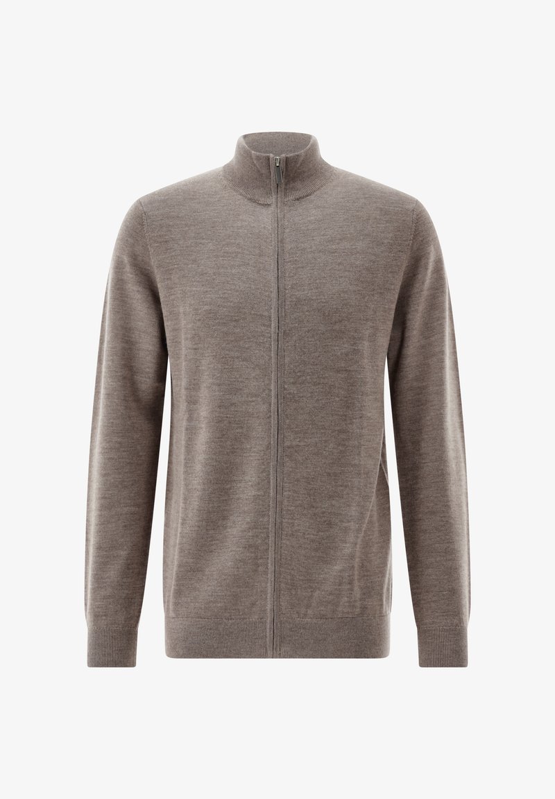 Hellbrauner Strick-Cardigan mit durchgehendem Reißverschluss, langen Ärmeln, gerippten Bündchen und Saum sowie Stehkragen.