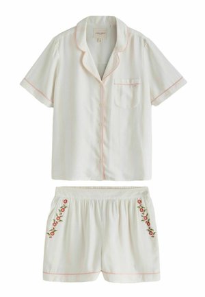 Short-sleeve white pajama set with button-up top, pink piping, and shorts featuring red floral embroidery on pockets.