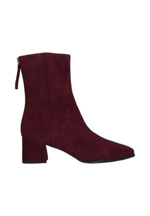 Ankle-high women's boot in dark burgundy suede with a block heel and back zipper closure.