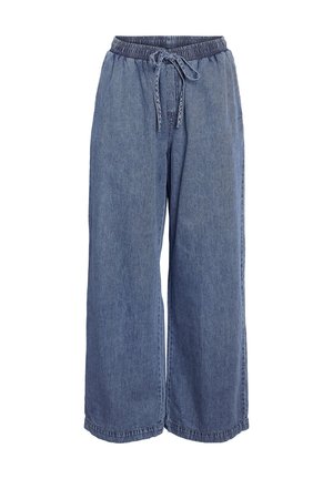 Lyseblå bukser med vide ben lavet af denim, med elastisk talje med snøre og en glat tekstur.