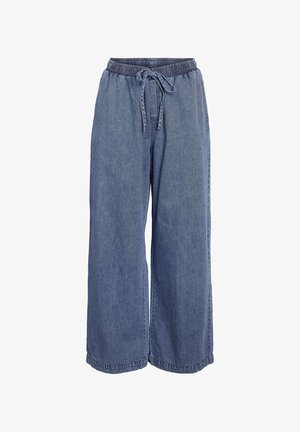 Lyseblå bukser med vide ben lavet af denim, med elastisk talje med snøre og en glat tekstur.
