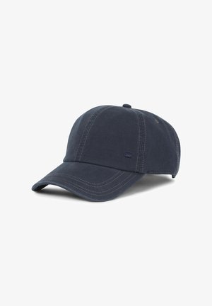 Donkerblauwe baseballpet met gebogen klep en zichtbare stiksels op een witte achtergrond.