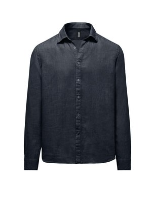 Granatowa, długosleeve'owa koszula zapinana na guziki, wykonana z lnu, z kołnierzykiem w szpic i gładką fakturą z subtelnym połyskiem.