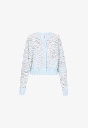 Hellblauer cardigan mit gestrickter Textur, runder Ausschnitt, gerippte Ärmelabschlüsse und sechs Knöpfen auf der Vorderseite. Verkürztes Design.