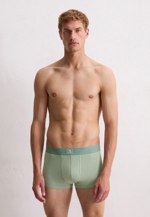 Boxer briefs verde menta con una texture morbida e un elastico in vita con etichetta del logo. Modello in piedi con una posa neutra, sfondo semplice.