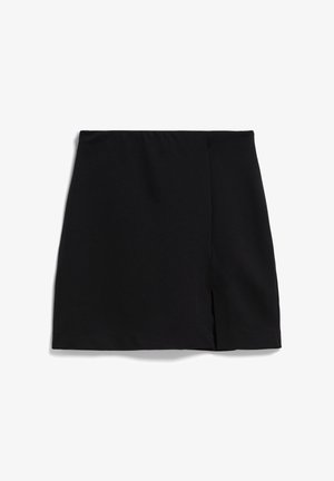 Schwarzer Minirock aus glattem Stoff, mit einem seitlichen Schlitz und einem elastischen Bund für zusätzlichen Komfort. Einfaches, geradliniges Design.