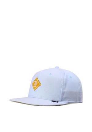 Light blue flat-brim cap with yellow diamond-shaped logo patch on front and small black tag on the side, displayed on white background.