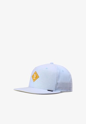 Light blue flat-brim cap with yellow diamond-shaped logo patch on front and small black tag on the side, displayed on white background.