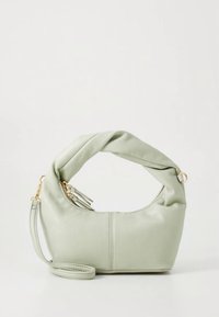 Hellgrüne Handtasche aus synthetischem Leder mit verdrehtem oberen Griff, seitlichem Reißverschluss und abnehmbarem Schulterriemen. Glatte Textur mit goldfarbenen Beschlägen.