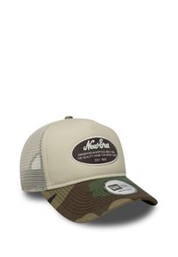 Tan cap with a curved camouflage visor and mesh back. "New Era" logo patch on the front. Adjustable strap for fit.