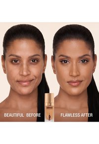 Two side-by-side images showing a face before and after using airbrush foundation. The left shows uneven skin tone; right appears smooth and even.