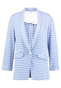 Blazer a righe blu e bianche con maniche lunghe, collo a scendere, chiusura con un unico bottone e due tasche frontali. Tessuto dalla consistenza liscia.