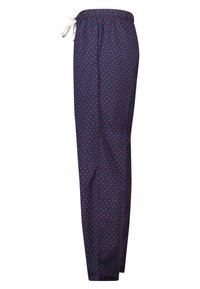 Marineblaue Hosen mit einem Tunnelzugbund, versehen mit einem Muster aus kleinen roten Herzen. Hergestellt aus weichem Stoff mit großzügigem Schnitt.