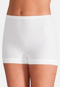 White cotton boyshorts with a soft, stretchable texture, featuring a wide waistband and hemmed edges for comfort and a snug fit.