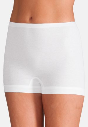 White cotton boyshorts with a soft, stretchable texture, featuring a wide waistband and hemmed edges for comfort and a snug fit.