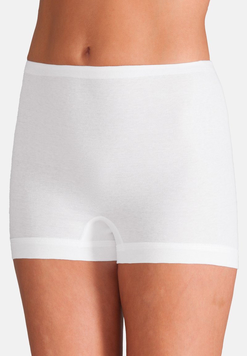 White cotton boyshorts with a soft, stretchable texture, featuring a wide waistband and hemmed edges for comfort and a snug fit.