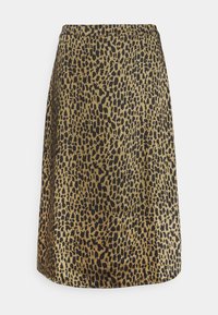 Jupe imprimé léopard en or et noir, confectionnée dans un tissu lisse, avec une coupe droite et une ceinture élastique pour plus de confort.