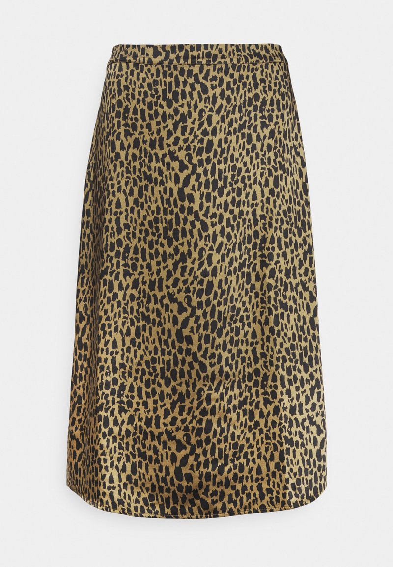 Jupe imprimé léopard en or et noir, confectionnée dans un tissu lisse, avec une coupe droite et une ceinture élastique pour plus de confort.