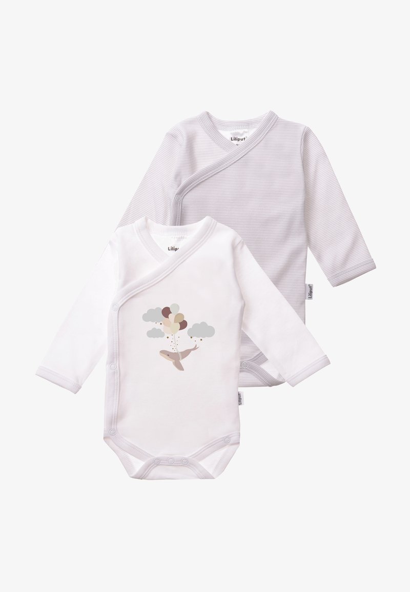 Zwei Langarm-Bodysuits: einer weiß mit einer Grafik von einem Wal und Luftballons, der andere grau mit einem dezenten Streifenmuster. Weiches Baumwollmaterial.