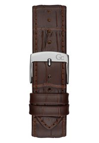 Brown leather watch strap with embossed crocodile pattern, silver metal buckle, five adjustment holes, and contrasting stitching details.