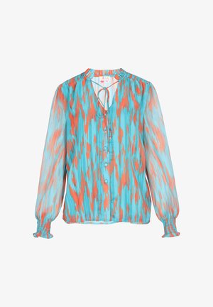 Flüssige Bluse mit langen Ärmeln in Hellblau mit orangefarbenem, abstraktem Muster. Sie verfügt über einen verstellbaren Kragen, eine Knopfleiste und geraffte Manschetten.