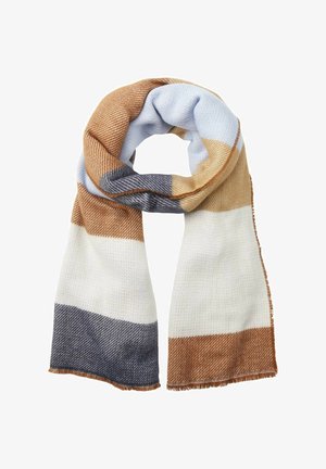 Écharpe douce en tissu tissé avec de larges rayures horizontales marron, bleu clair, marine, beige et blanc, pliée en boucle avec des bords frangés.