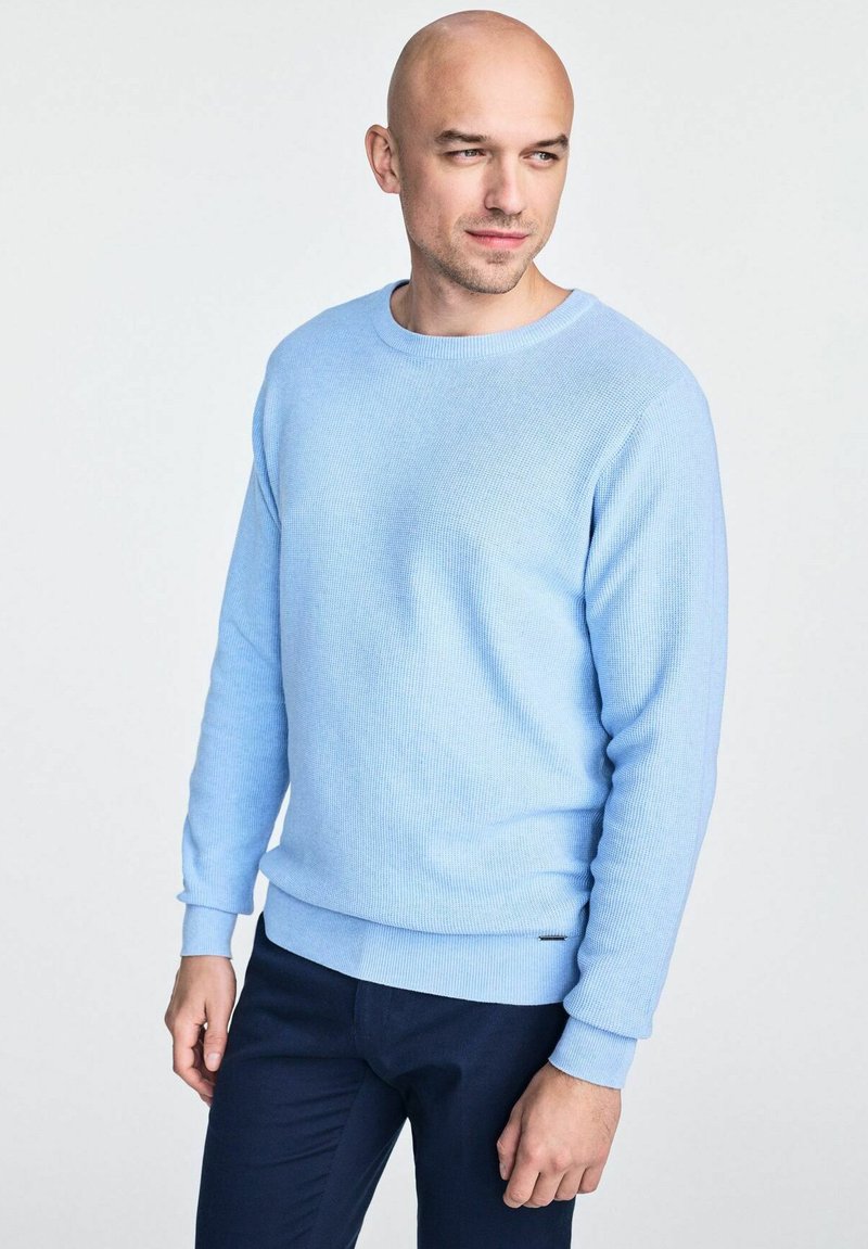 Hellblau gestreifter Pullover mit Rundhalsausschnitt, langen Ärmeln und elastischen Bündchen, kombiniert mit dunkelblauen Hosen. Dezentes Branding an der Seite.