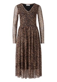 Leopardi-muotoiset mekko V-pääntiellä, pitkät läpinäkyvät hihat ja kerätty vyötärö. Kankaan pinta on pehmeä ja valuva.